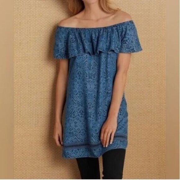 Soft Surroundings Dresses & Skirts - Soft Surroundings Dress Womens Small Blue Chambray Ikat Print Off The Shoulder